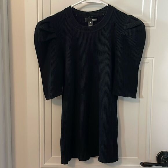 Aqua Black Puff Sleeve Cashmere Ribbed Sweater - Picture 1 of 4